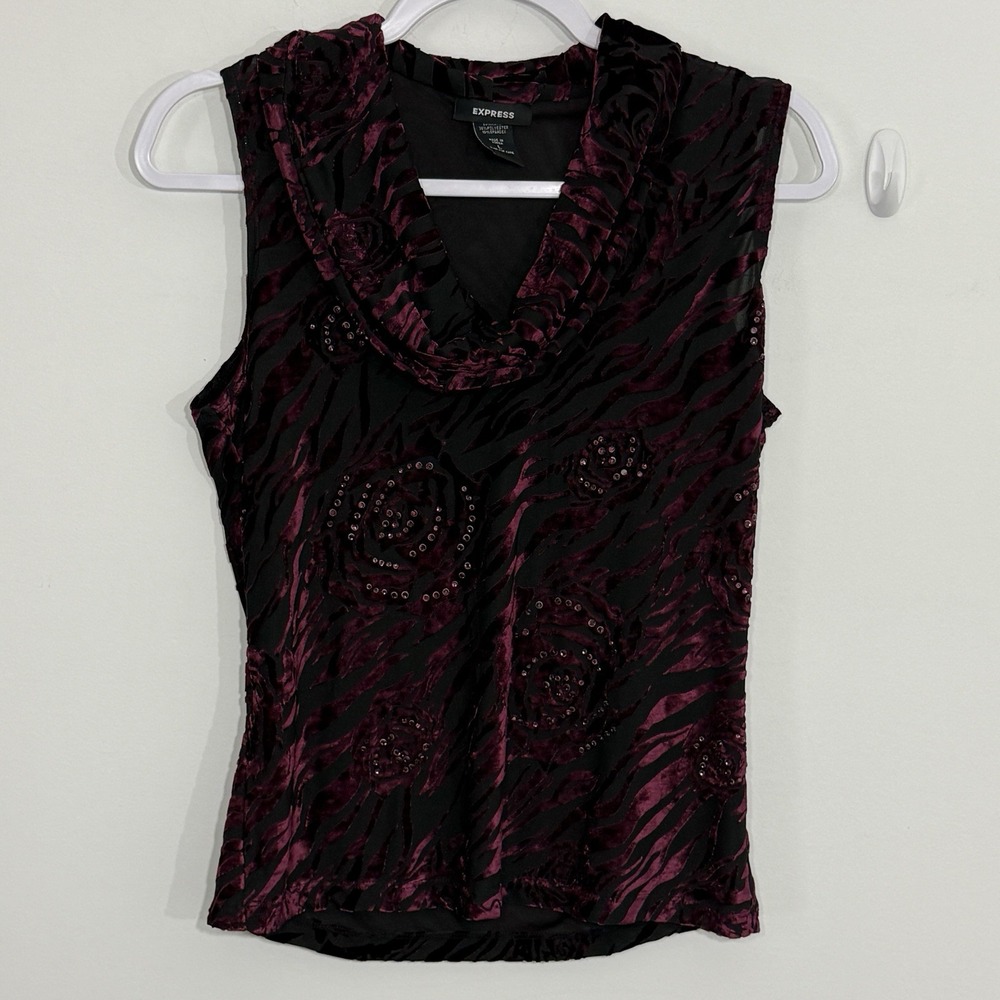 Express Womens Top L Black Maroon Velvet Burnout Cowl Neck Whimsigoth Y2K